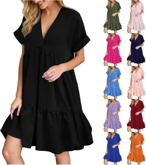 Summer Dresses for Women 2025 Casual Short Sleeve V Neck Mini Dress Cute Flowy Pleated Ruffle Beach Vacation Sundress