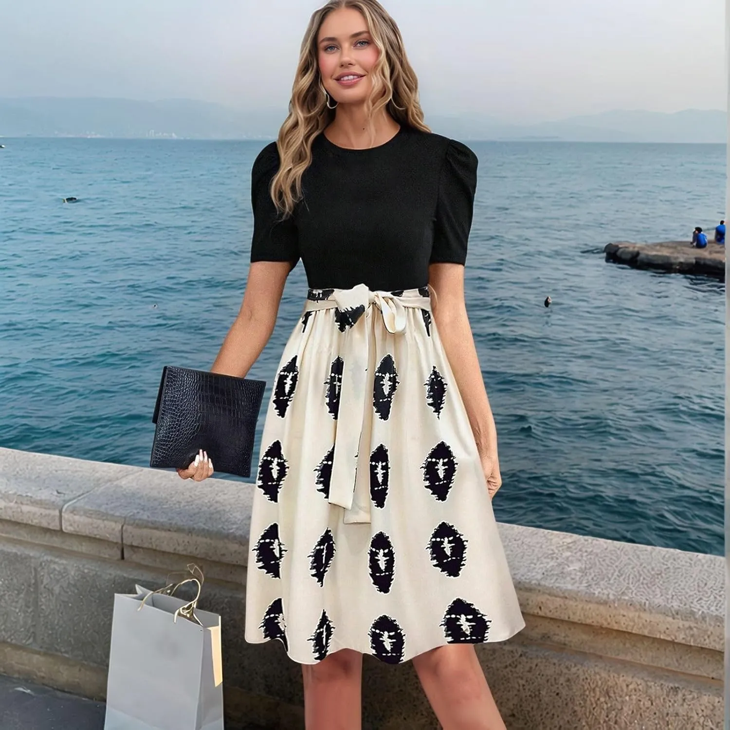 Summer Dresses for Women 2025 Floral Short Sleeve Midi Dresses Elegant A Line Work Dress Trendy Knee Length Midi Dress