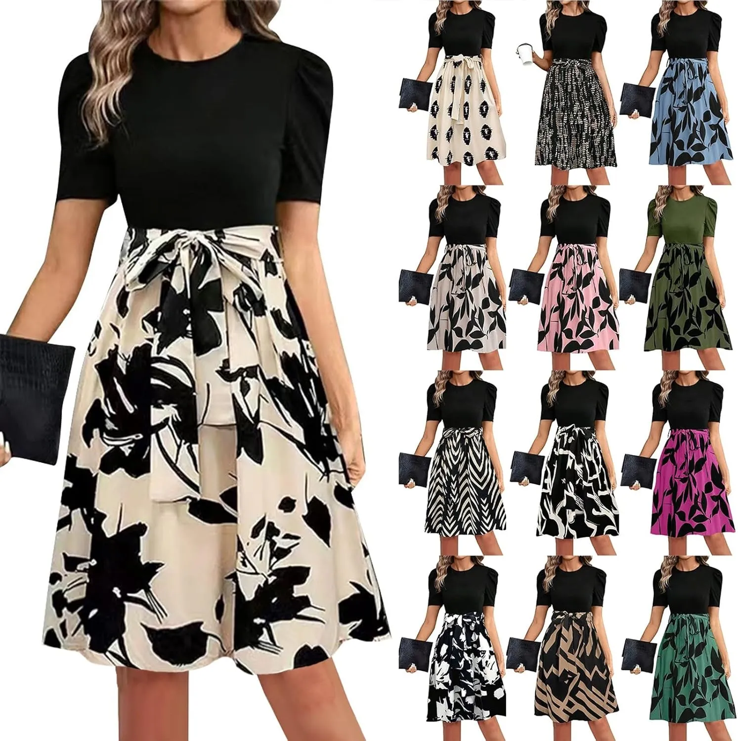 Summer Dresses for Women 2025 Floral Short Sleeve Midi Dresses Elegant A Line Work Dress Trendy Knee Length Midi Dress