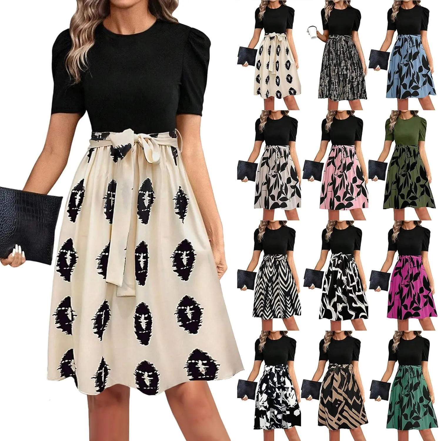 Summer Dresses for Women 2025 Floral Short Sleeve Midi Dresses Elegant A Line Work Dress Trendy Knee Length Midi Dress