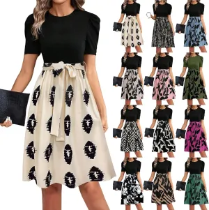 Summer Dresses for Women 2025 Floral Short Sleeve Midi Dresses Elegant A Line Work Dress Trendy Knee Length Midi Dress