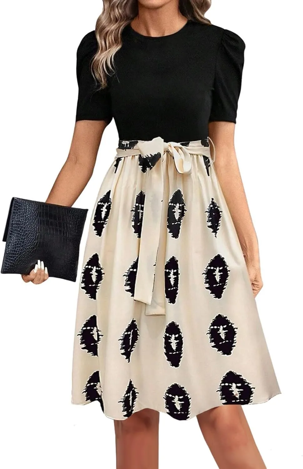 Summer Dresses for Women 2025 Floral Short Sleeve Midi Dresses Elegant A Line Work Dress Trendy Knee Length Midi Dress