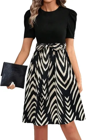 Summer Dresses for Women 2025 Floral Short Sleeve Midi Dresses Elegant A Line Work Dress Trendy Knee Length Midi Dress