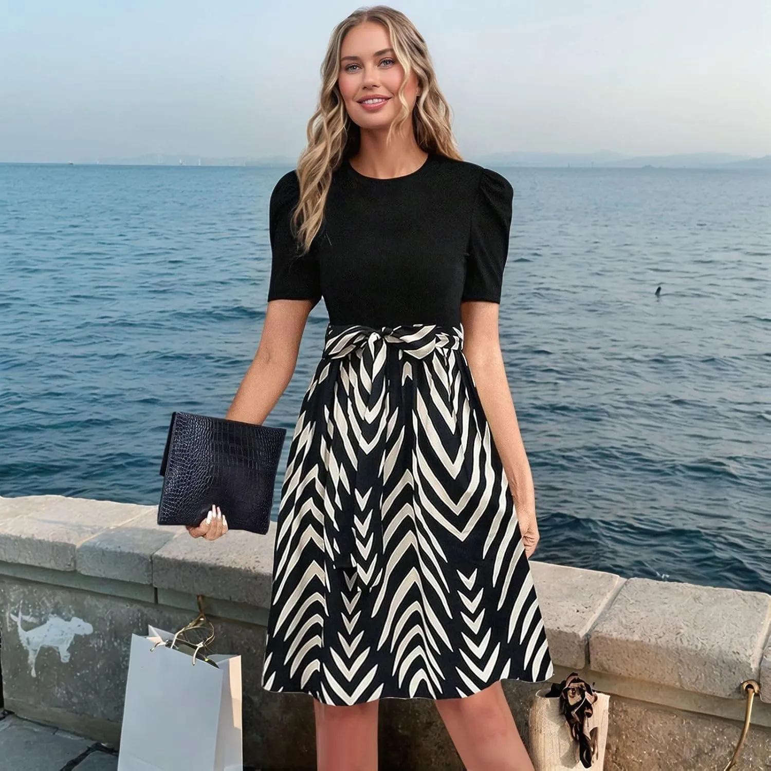 Summer Dresses for Women 2025 Floral Short Sleeve Midi Dresses Elegant A Line Work Dress Trendy Knee Length Midi Dress