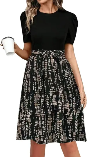 Summer Dresses for Women 2025 Floral Short Sleeve Midi Dresses Elegant A Line Work Dress Trendy Knee Length Midi Dress