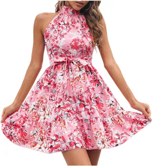 Summer Dresses for Women Beach Boho Floral Sleeveless Swing Mini Casual Ruffle Floral Tie High Waist Knee Short Crushed Elegant Prom Dresses Pink L