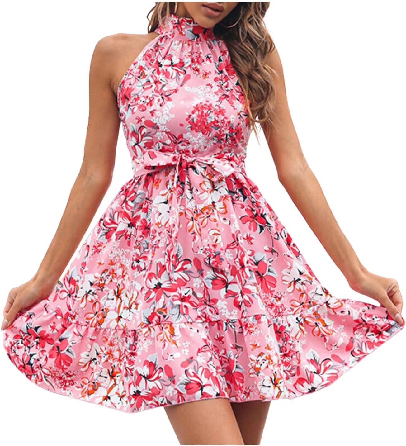 Summer Dresses for Women Beach Boho Floral Sleeveless Swing Mini Casual Ruffle Floral Tie High Waist Knee Short Crushed Elegant Prom Dresses Pink L