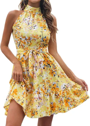 Summer Dresses for Women Beach Boho Floral Sleeveless Swing Mini Casual Ruffle Floral Tie High Waist Knee Short Crushed Elegant Prom Dresses Yellow L