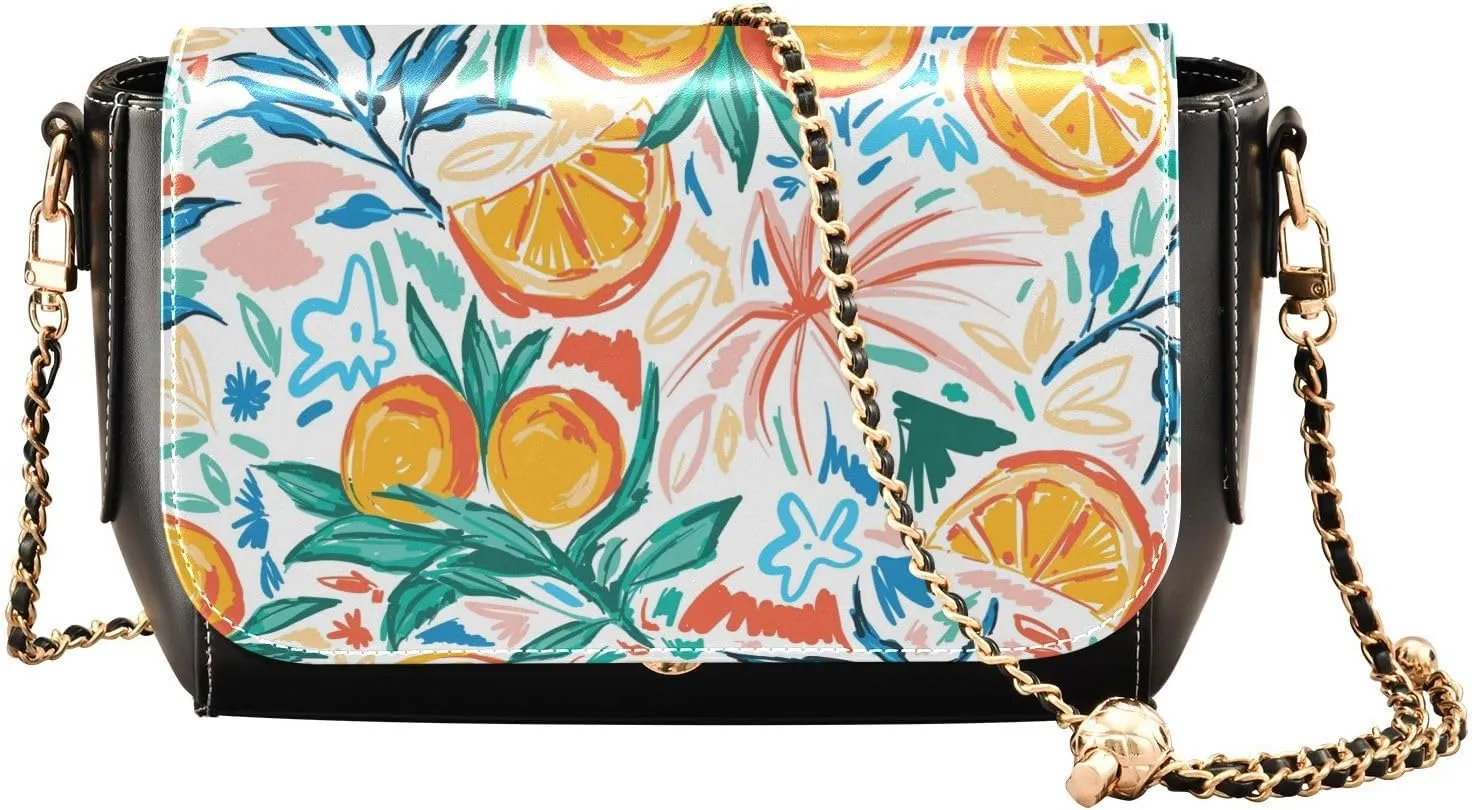 Summer Fruits Orange and Leaves Crossbody Bags for Women, Trendy Small Shoulder Bag, PU Leather Clutch Purse Underarm Handbag Satchel HandBag with Adjustable Metal Chain
