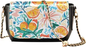 Summer Fruits Orange and Leaves Crossbody Bags for Women, Trendy Small Shoulder Bag, PU Leather Clutch Purse Underarm Handbag Satchel HandBag with Adjustable Metal Chain