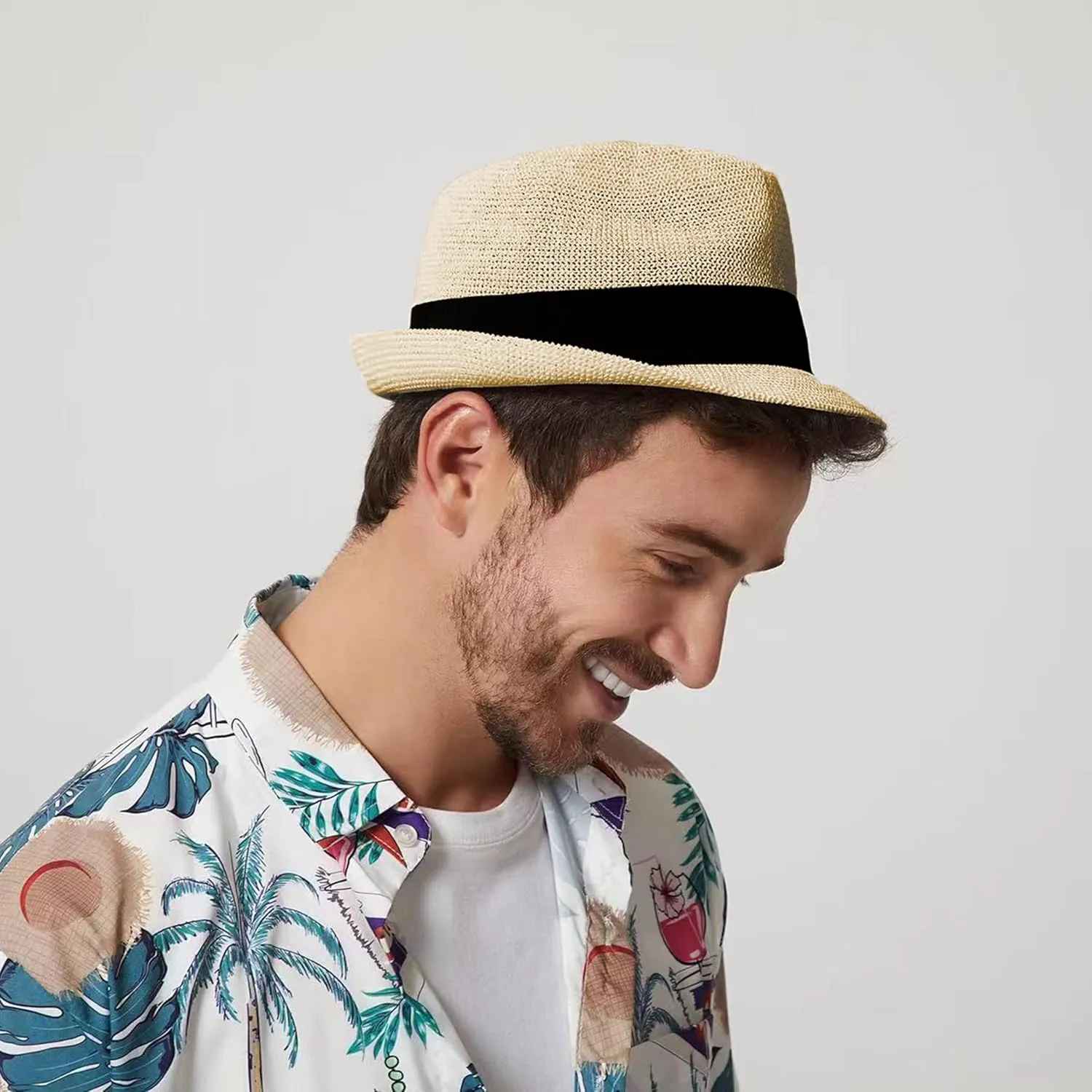 Summer Panama Straw Fedora Hats for Men Women Trilby Hat Foldable Roll Up Short Brim Panama Beach Hat