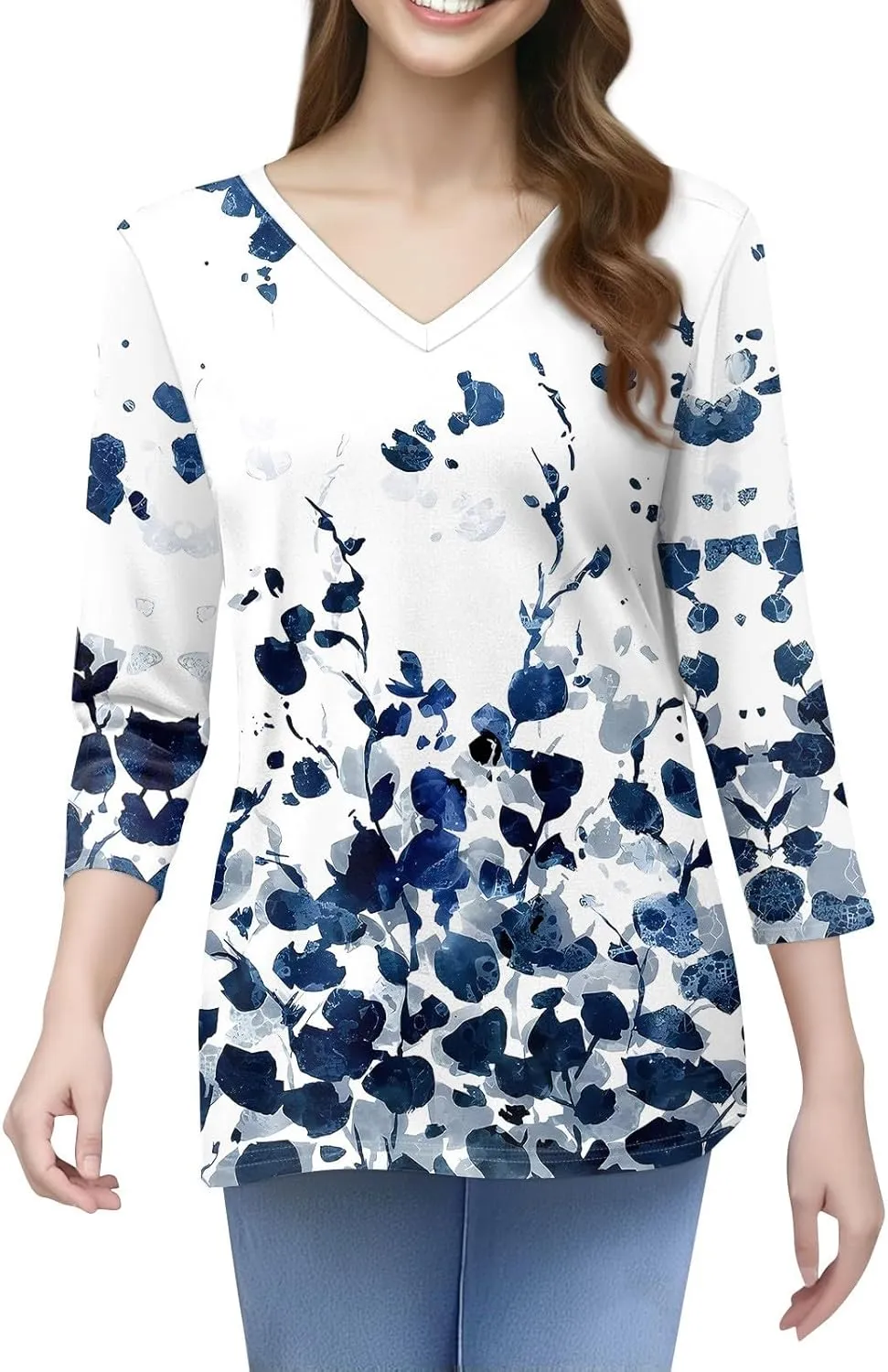 Summer Tops for Women 2025 Trendy 3/4 Sleeve Basic V Neck Tunic T Shirts Loose Blouse Dressy Casual Work Office Wear
