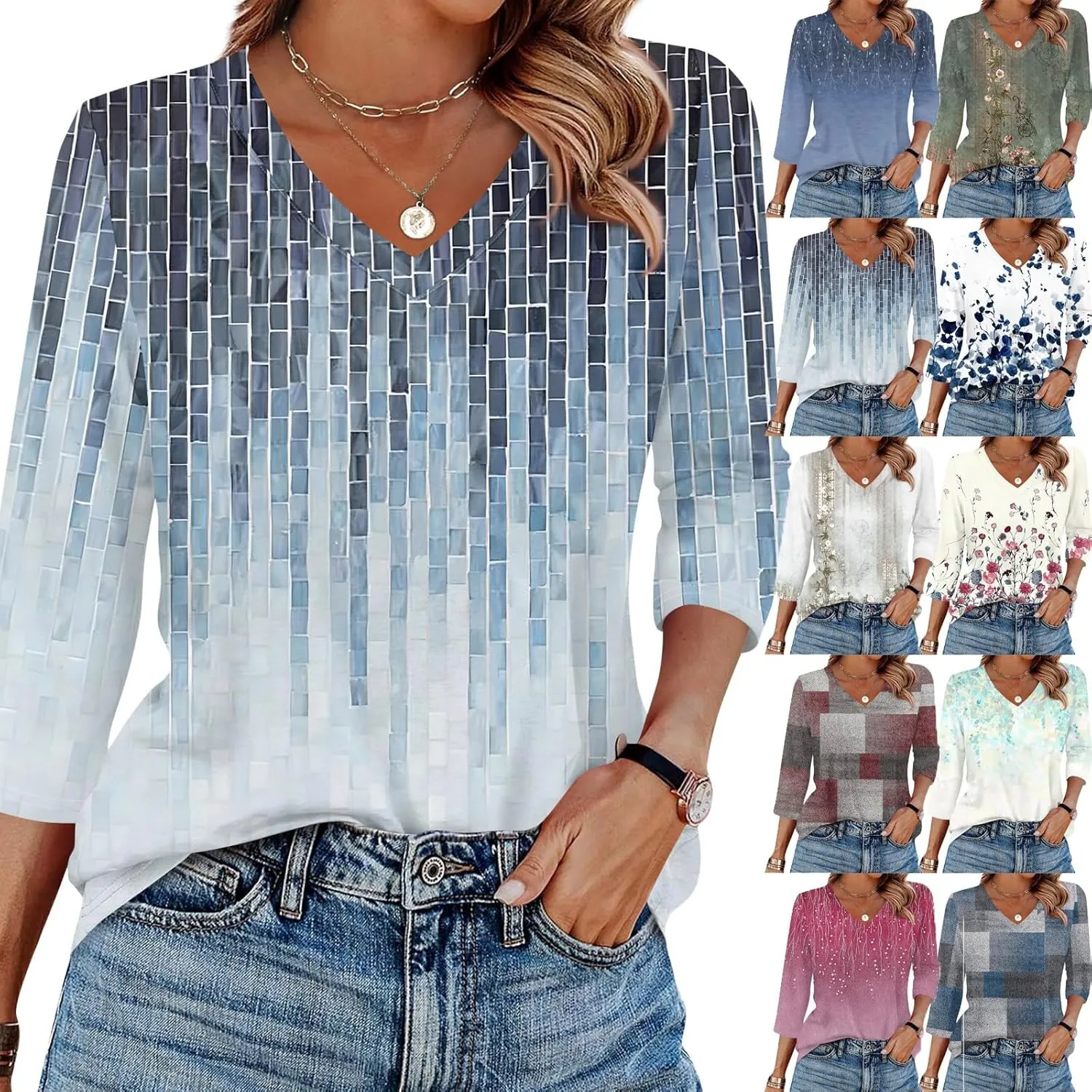 Summer Tops for Women 2025 Trendy 3/4 Sleeve Basic V Neck Tunic T Shirts Loose Blouse Dressy Casual Work Office Wear