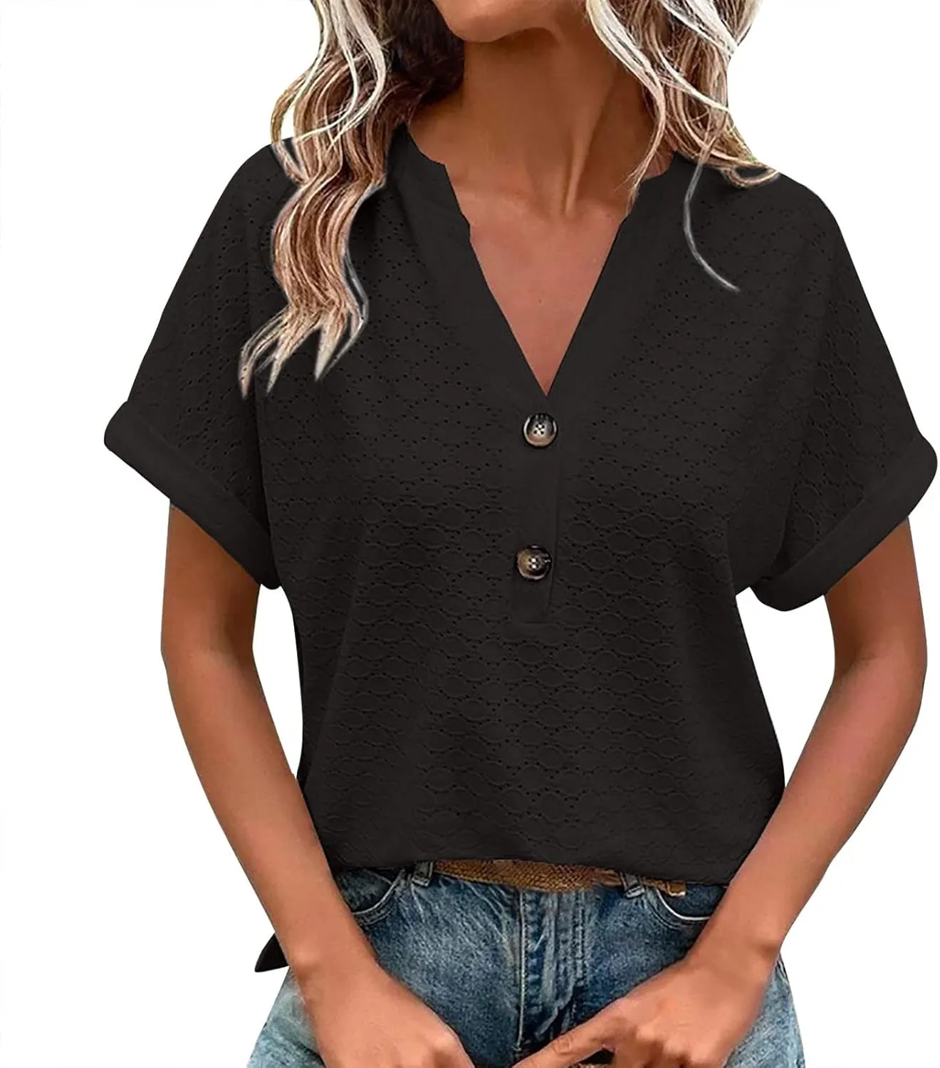 Summer Tops for Women Trendy 2025 Short Sleeve V Neck Eyelet Shirts Dressy Casual Loose Ladies Blouses Going Out