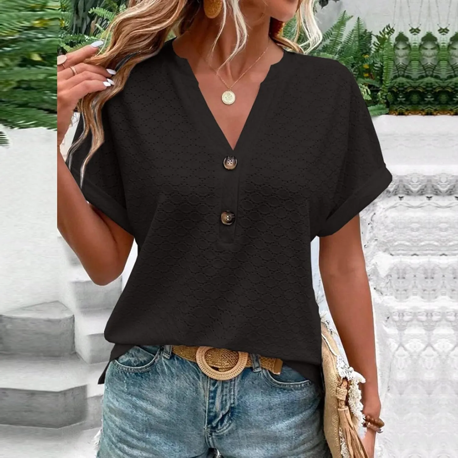 Summer Tops for Women Trendy 2025 Short Sleeve V Neck Eyelet Shirts Dressy Casual Loose Ladies Blouses Going Out