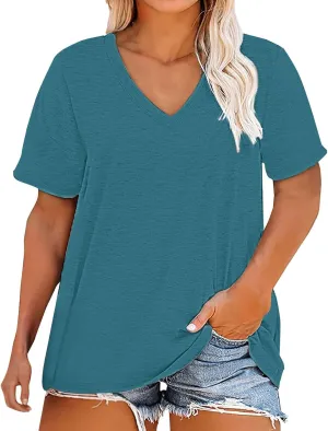 Summer Tops for Women Trendy 2025 V Neck Short Sleeve T-Shirts Solid Color Oversized Outfits Casual Loose Fit Blouses