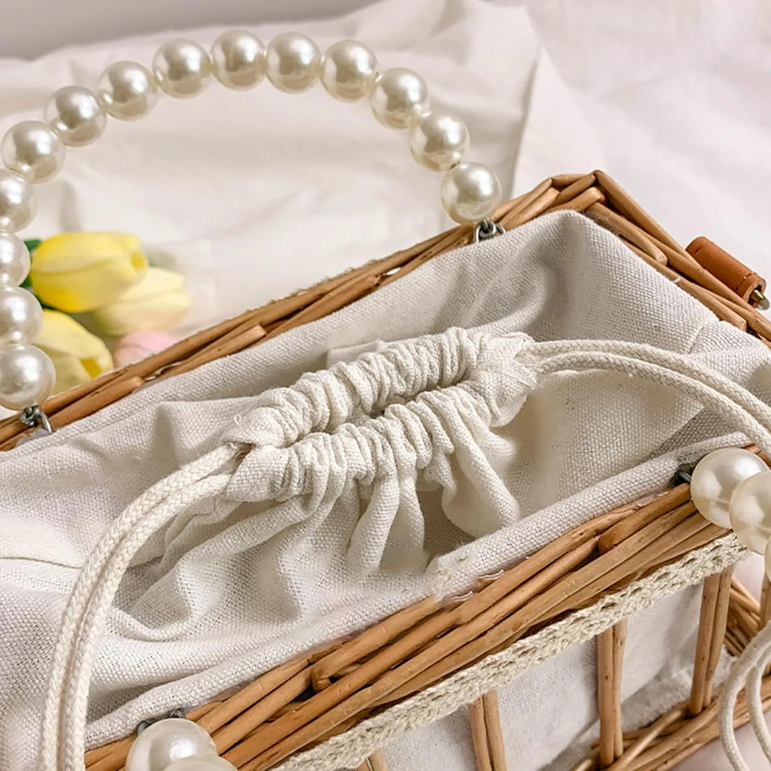 Summer Woven Straw Crossbody Bag Pearl Handle Satchel Style Handbag Lace Bow Vintage Beach Travel