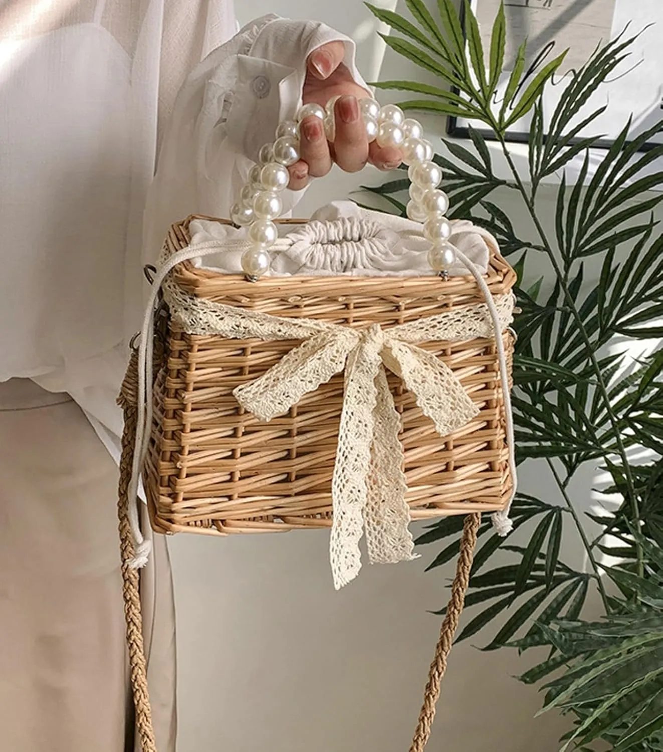 Summer Woven Straw Crossbody Bag Pearl Handle Satchel Style Handbag Lace Bow Vintage Beach Travel