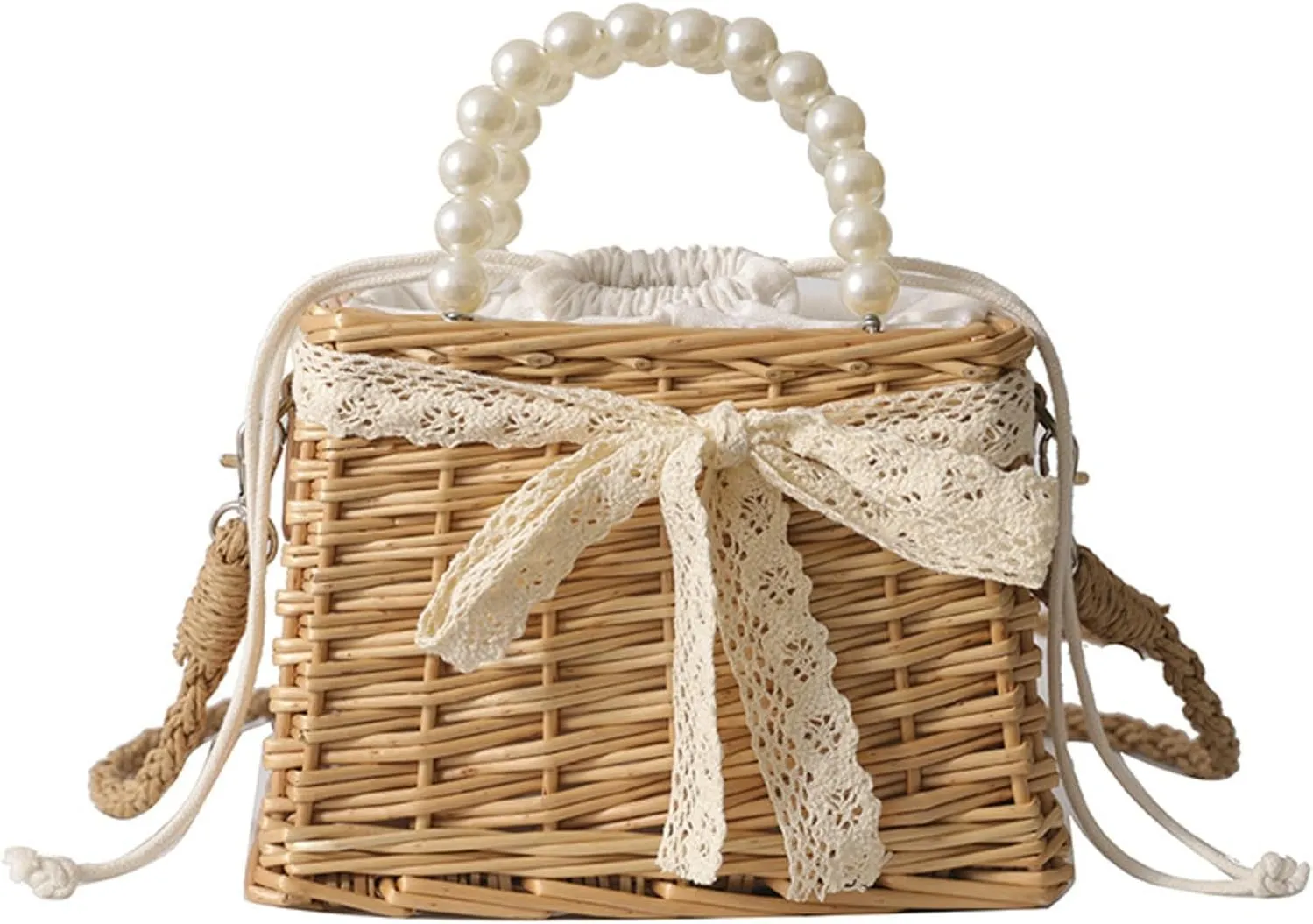 Summer Woven Straw Crossbody Bag Pearl Handle Satchel Style Handbag Lace Bow Vintage Beach Travel