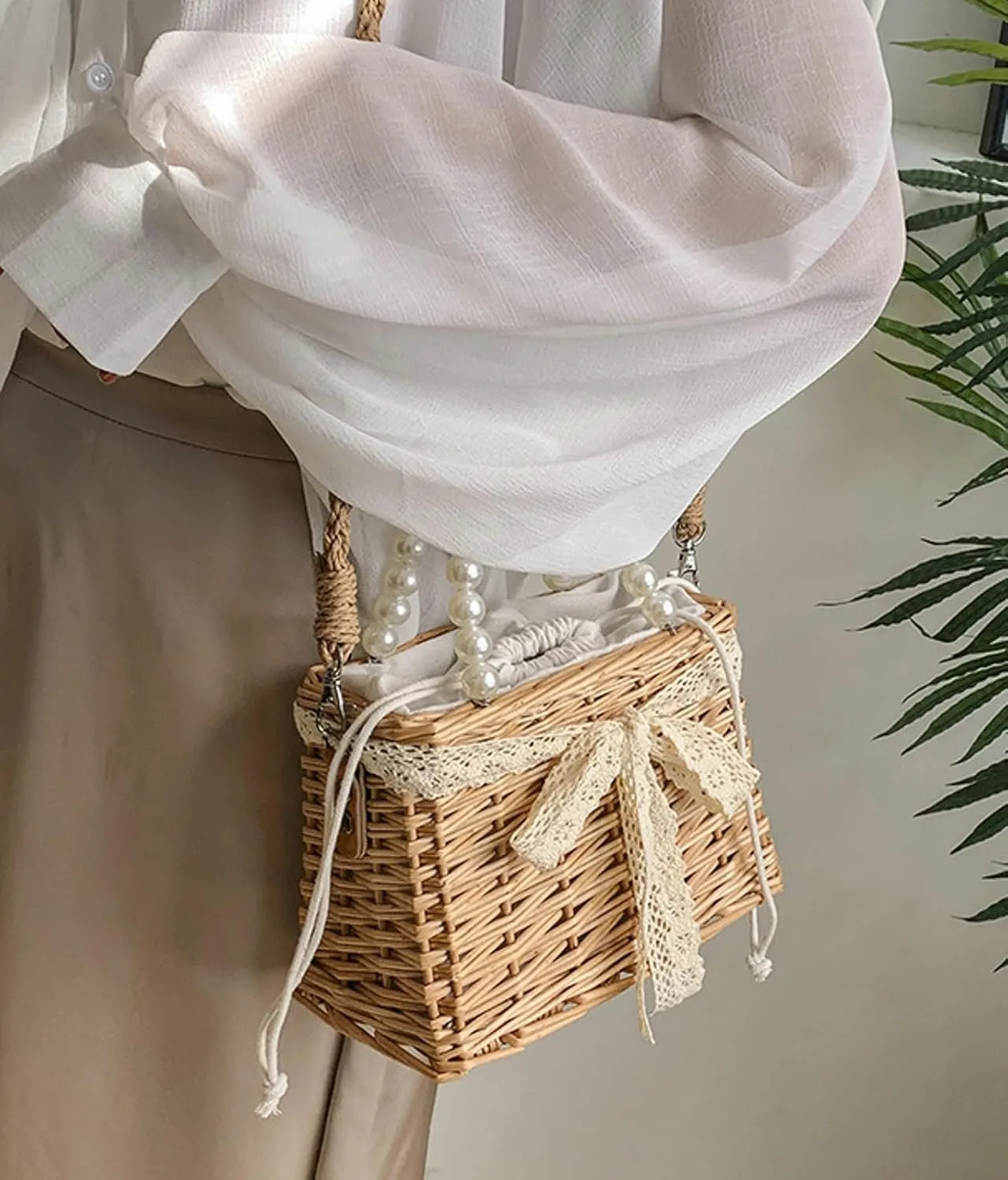 Summer Woven Straw Crossbody Bag Pearl Handle Satchel Style Handbag Lace Bow Vintage Beach Travel