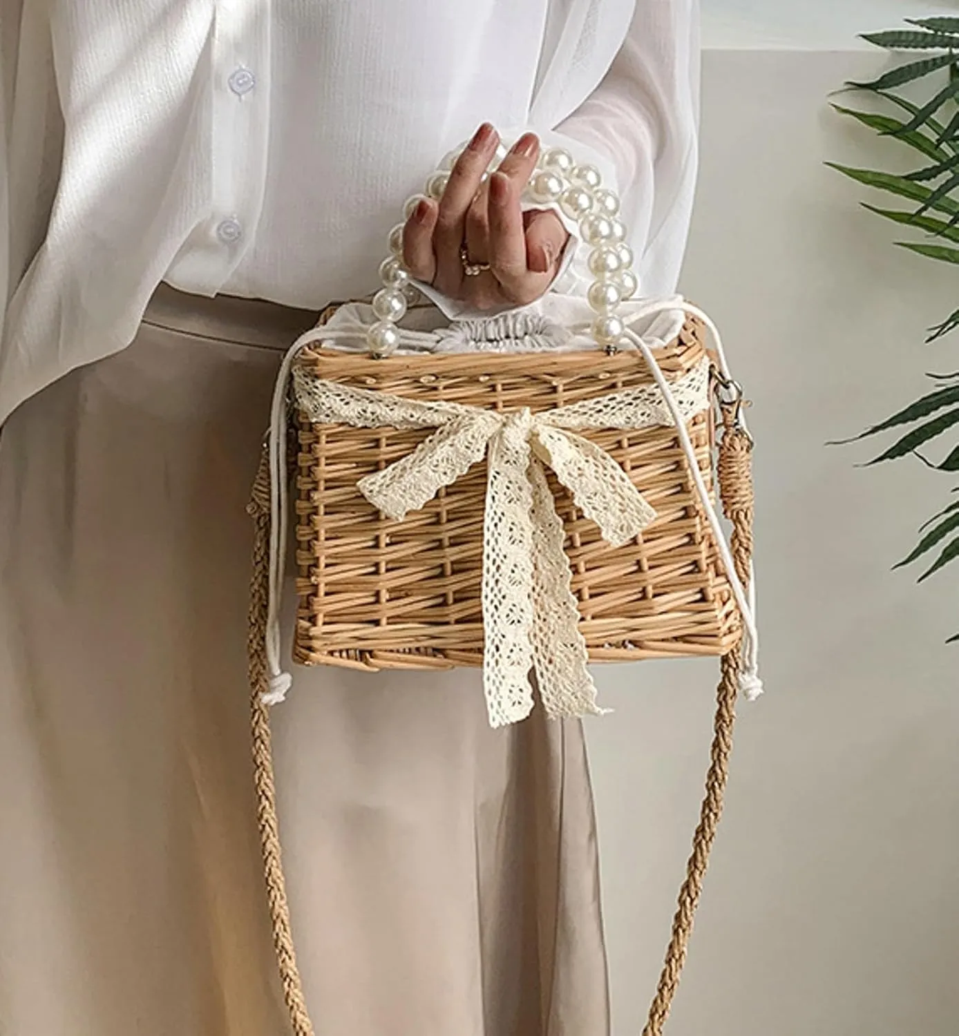 Summer Woven Straw Crossbody Bag Pearl Handle Satchel Style Handbag Lace Bow Vintage Beach Travel