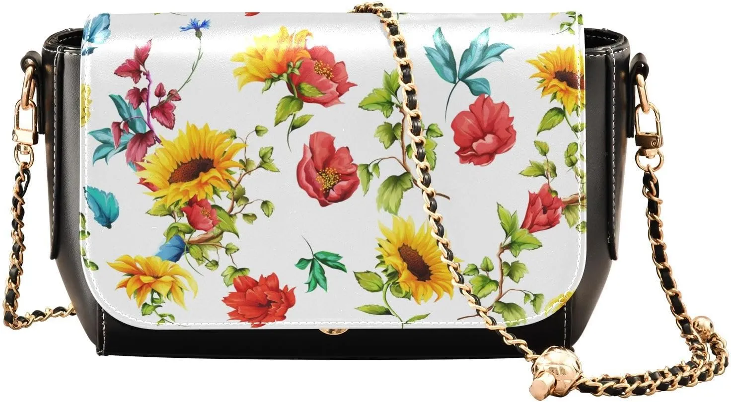 Sunflower and Cornflower Crossbody Bags for Women, Trendy Small Shoulder Bag, PU Leather Clutch Purse Underarm Handbag Satchel HandBag with Adjustable Metal Chain