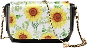 Sunflowers on White Background Crossbody Bags for Women, Trendy Small Shoulder Bag, PU Leather Clutch Purse Underarm Handbag Satchel HandBag with Adjustable Metal Chain