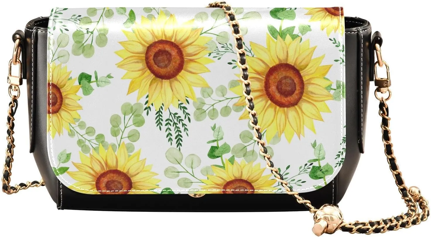 Sunflowers on White Background Crossbody Bags for Women, Trendy Small Shoulder Bag, PU Leather Clutch Purse Underarm Handbag Satchel HandBag with Adjustable Metal Chain