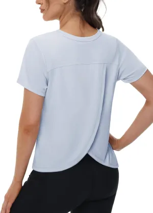 TACVASEN Workout Tops for Women Short Sleeve Cropped Split Back Athletic Shirts Breathable Exercise Running Gym Shirts