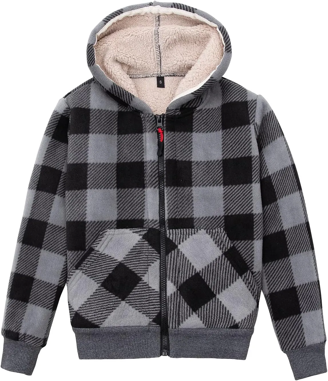 ThCreasa Kids Sherpa Fleece Lined Hoodie Jacket,Zip-Up Hooded Plaid Sweatshirt Jackets