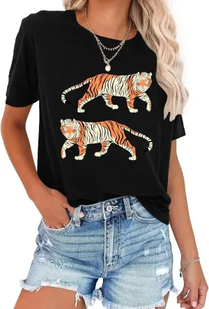 Tie Dye Shirt Womens Animal Tiger Graphic Tees Tops Summer Casual Loose Short Sleeve T-Shirt Blouse