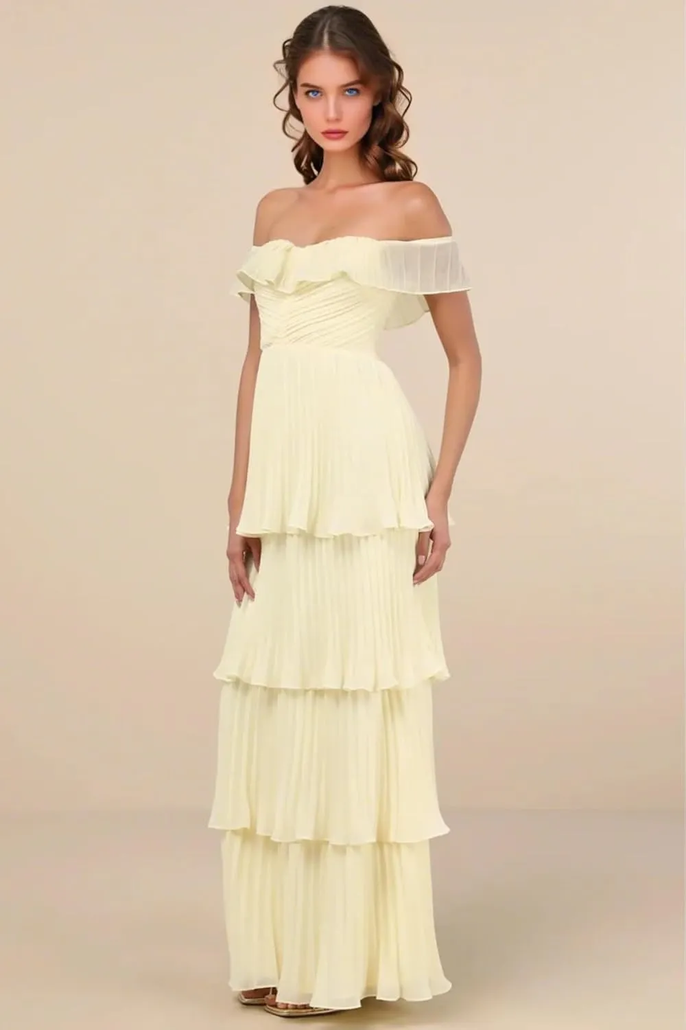 Tiered Layers Bridesmaid Dresses for Women Off The Shoulder Floor Length Party Gown