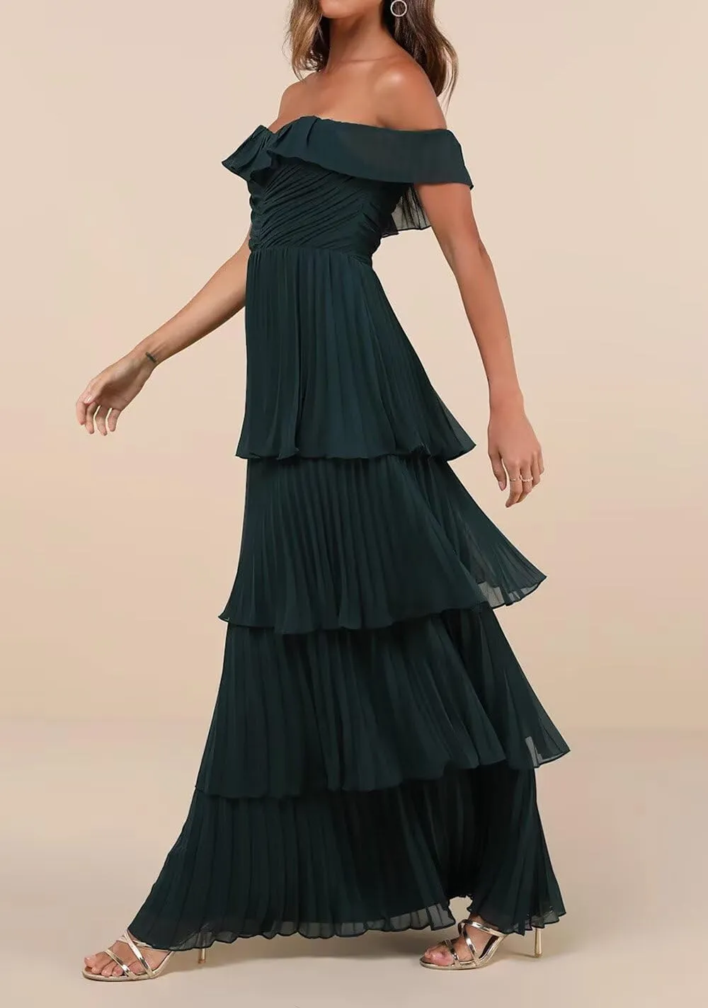Tiered Layers Bridesmaid Dresses for Women Off The Shoulder Floor Length Party Gown