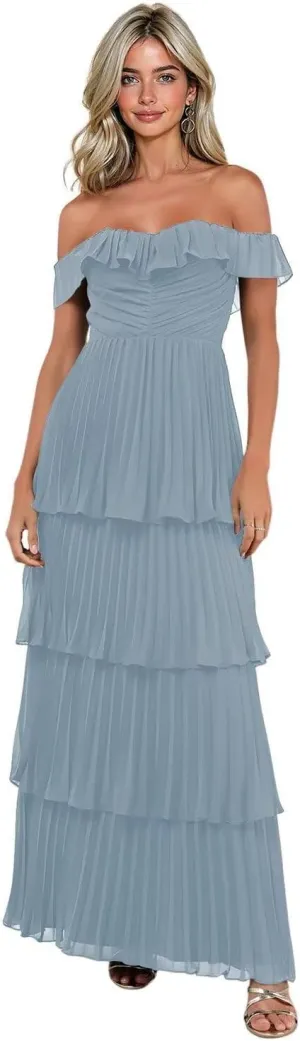 Tiered Layers Bridesmaid Dresses for Women Off The Shoulder Floor Length Party Gown
