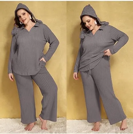 TIYOMI Plus Size Ribbed Pants for Women Drawstring High Waist Wide Leg Lounge Pants Knit Flared Trousers with Pockets XL-5XL