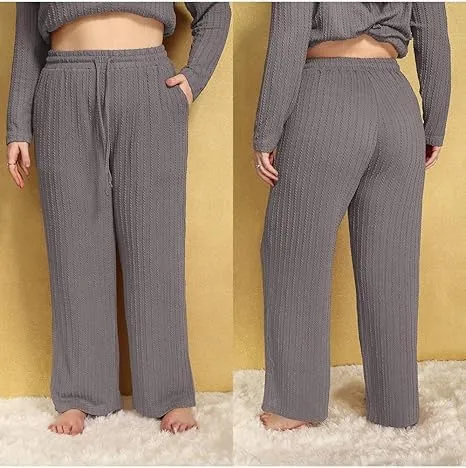 TIYOMI Plus Size Ribbed Pants for Women Drawstring High Waist Wide Leg Lounge Pants Knit Flared Trousers with Pockets XL-5XL