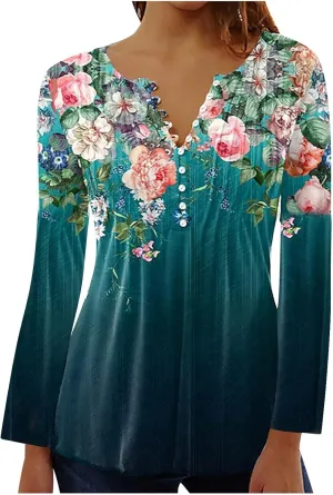 Tops for Women Dressy Casual 2024 Bohemian Floral Print Empire Waist Pleated Tunic Shirt Button Up Loose Comfy Blouse
