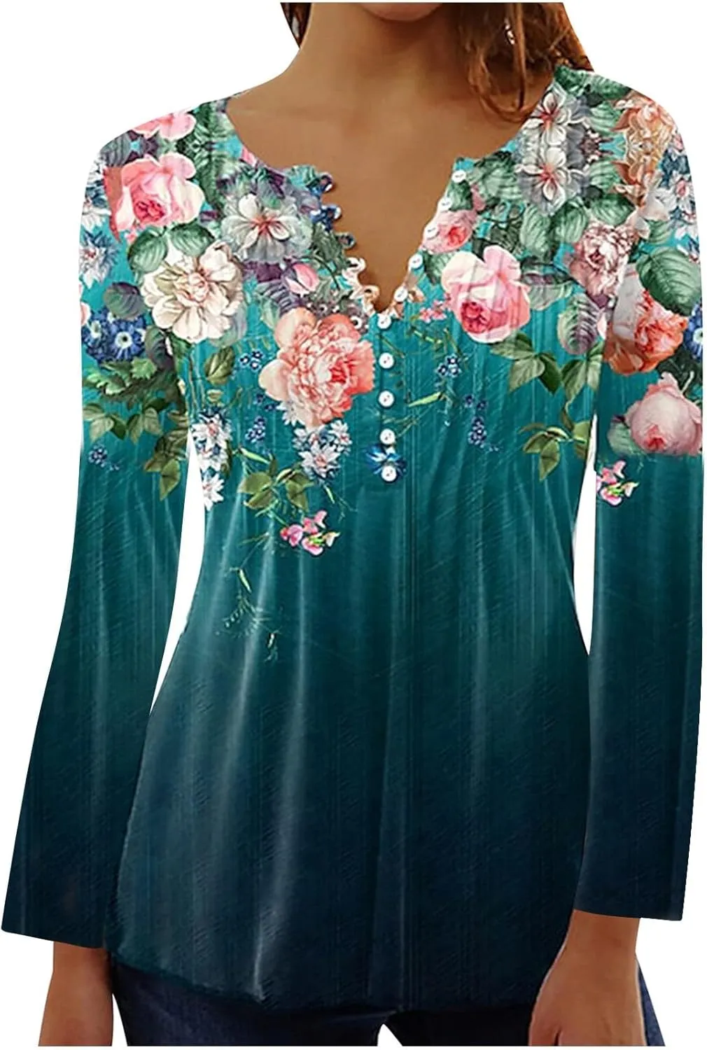 Tops for Women Dressy Casual 2024 Bohemian Floral Print Empire Waist Pleated Tunic Shirt Button Up Loose Comfy Blouse