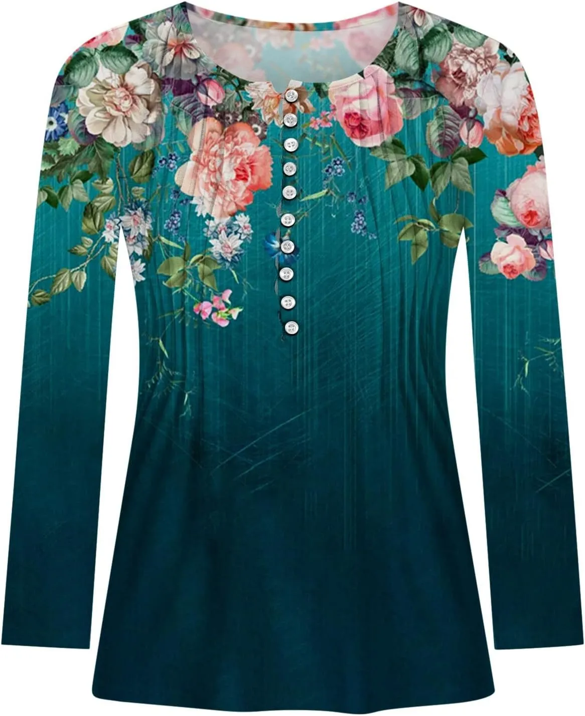 Tops for Women Dressy Casual 2024 Bohemian Floral Print Empire Waist Pleated Tunic Shirt Button Up Loose Comfy Blouse