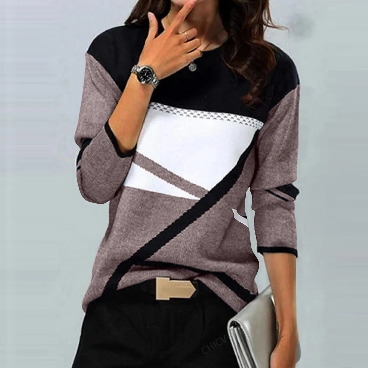 Tops for Women Fall 2024 Color Block Floral Printed Casual Sweatshirts Loose Fashion Round Neck Comfy Pullover Shirts