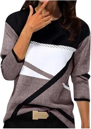 Tops for Women Fall 2024 Color Block Floral Printed Casual Sweatshirts Loose Fashion Round Neck Comfy Pullover Shirts