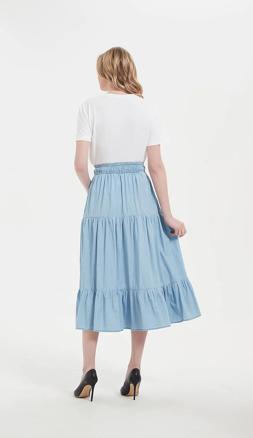 Tronjori Womens A Line Long Midi Denim Skirt Tired Pleated Layers Elastic Waist Front Drawstring