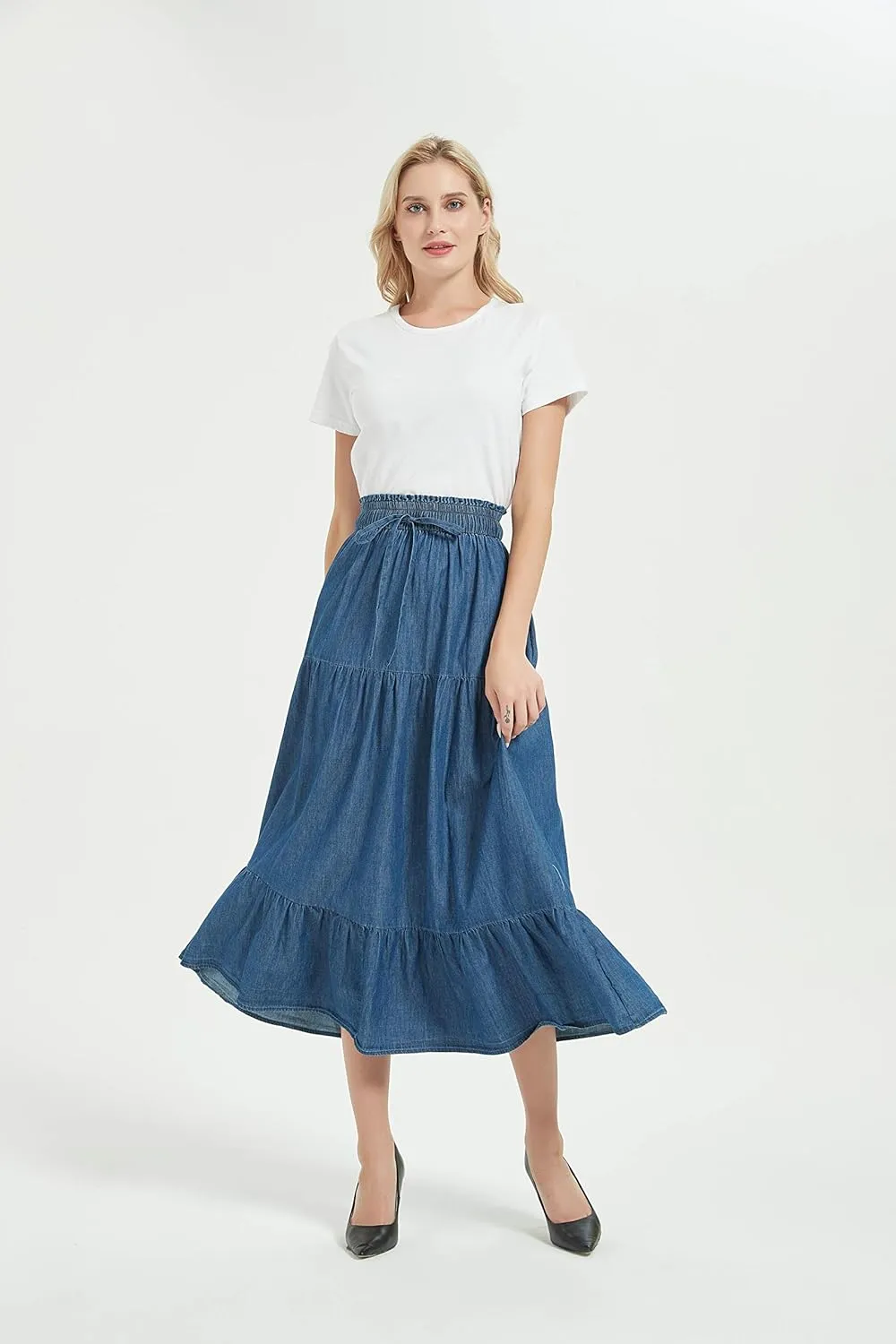 Tronjori Womens A Line Long Midi Denim Skirt Tired Pleated Layers Elastic Waist Front Drawstring
