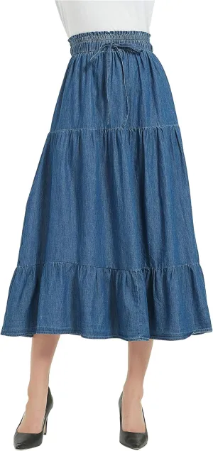 Tronjori Womens A Line Long Midi Denim Skirt Tired Pleated Layers Elastic Waist Front Drawstring