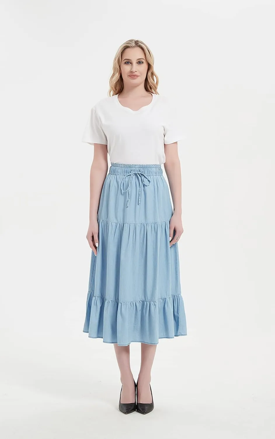 Tronjori Womens A Line Long Midi Denim Skirt Tired Pleated Layers Elastic Waist Front Drawstring