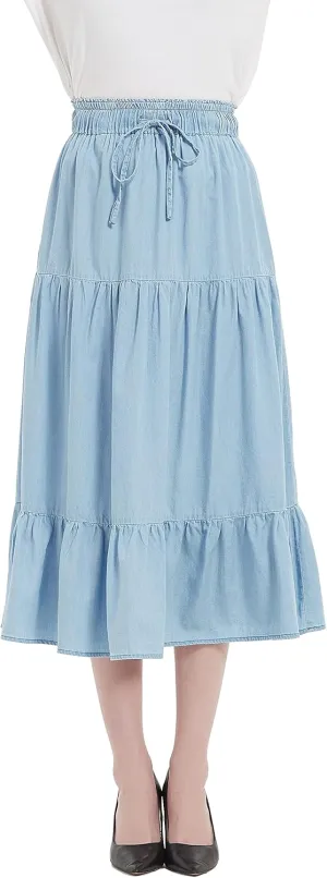 Tronjori Womens A Line Long Midi Denim Skirt Tired Pleated Layers Elastic Waist Front Drawstring