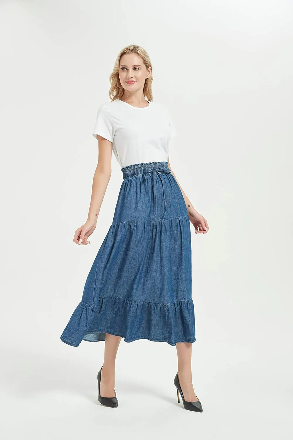 Tronjori Womens A Line Long Midi Denim Skirt Tired Pleated Layers Elastic Waist Front Drawstring