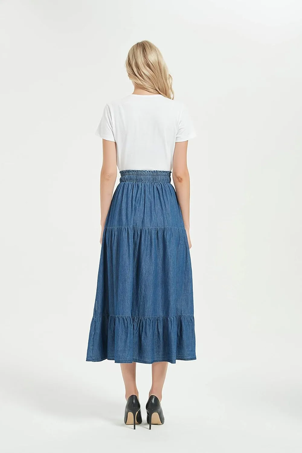 Tronjori Womens A Line Long Midi Denim Skirt Tired Pleated Layers Elastic Waist Front Drawstring