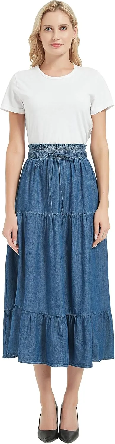 Tronjori Womens A Line Long Midi Denim Skirt Tired Pleated Layers Elastic Waist Front Drawstring