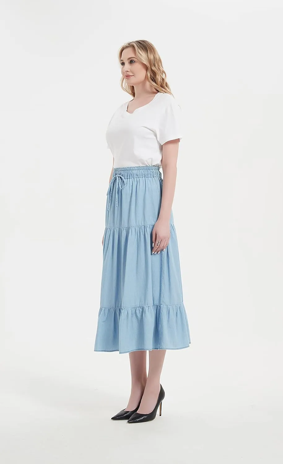 Tronjori Womens A Line Long Midi Denim Skirt Tired Pleated Layers Elastic Waist Front Drawstring